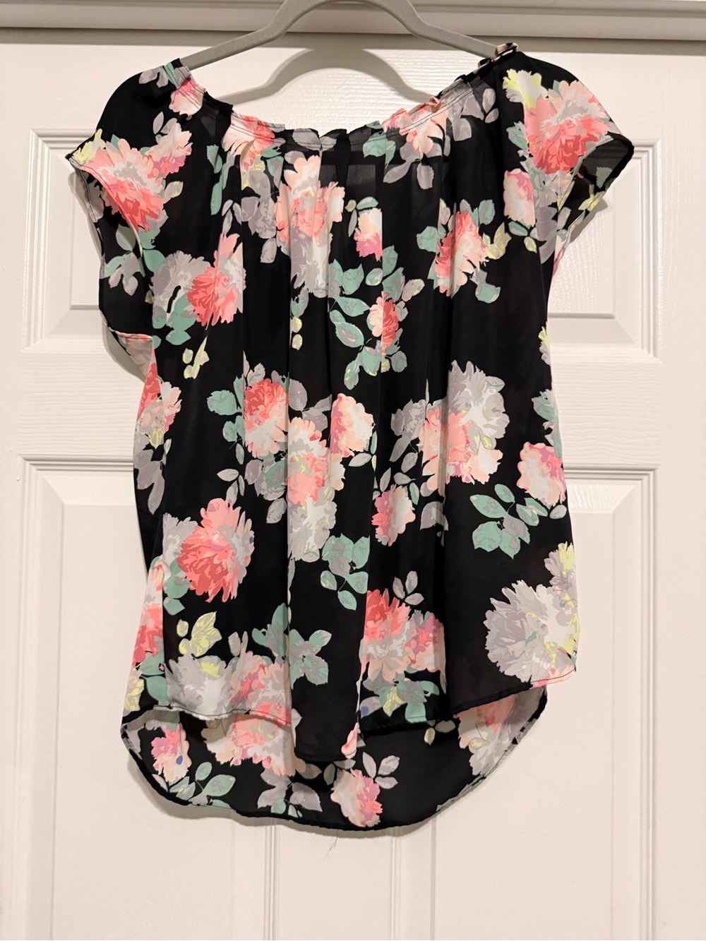 LC Lauren Conrad Black Floral Off-Shoulder Top with Pink & Mint
